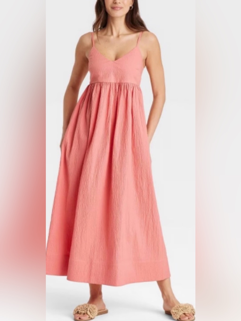 A New Day Xs Coral Pink Textured Seersucker Maxi Dress Smocked Back Adjustable